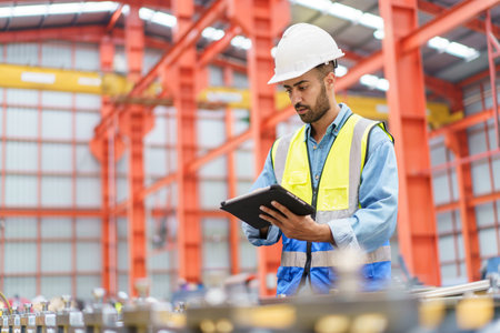 Professional Asian industrial engineer inspecting a heavy machine in metal sheet manufacturing factory.の写真素材