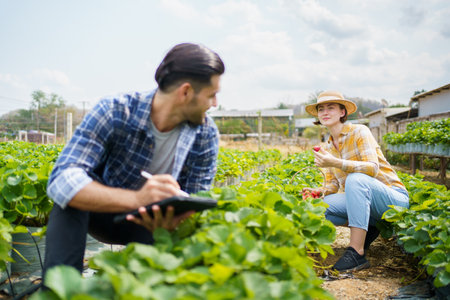 Happy cheerful male and female strawberry farmer or gardener inspecting a strawberry planting and agricultural products in a row, gardeners collecting and analyzing a strawberry growing information.の写真素材