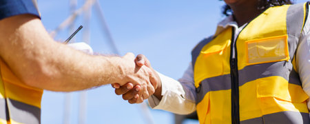 Construction foreman and client making a handshake together after completed the new contract.の写真素材