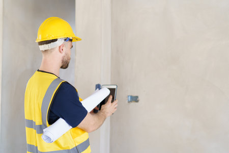 Senior professional caucasian white male real estate foreman inspecting inside the building construction, foreman checking the under construction building. Caucasian male engineer inspects interior.の写真素材