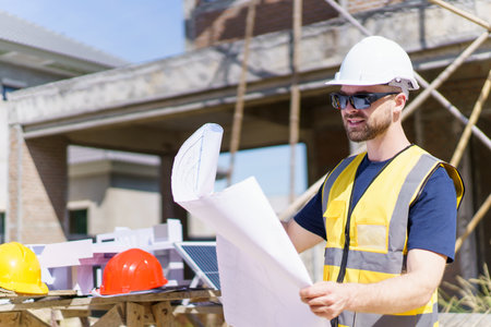 Professional - senior civil engineer inspecting or working in construction site, contractor examining a building blueprint or layout on paper.の写真素材