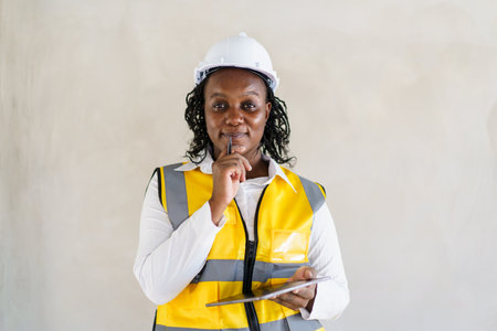 Senior professional African black female real estate foreman inspecting inside the building construction, foreman checking the under construction building. African female engineer inspects interior.の写真素材
