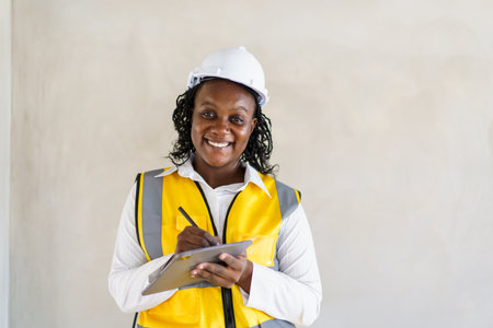 Senior professional African black female real estate foreman inspecting inside the building construction, foreman checking the under construction building. African female engineer inspects interior.の写真素材