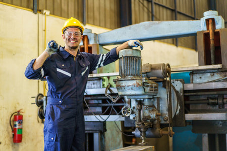 Smart and good looking senior factory or mechanical engineer standing in the factory portrait,...