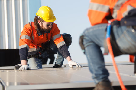 Professional electric engineers survey and inspect solar panels installation on the factory metal sheet roof top, electric engineer team inspecting and check solar cell system.の写真素材