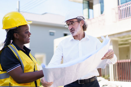 Team of engineer discuss at construction site. Female black ethnicity engineer taking to caucasian white client about the construction plan in blue print.の写真素材