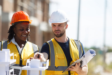 Professional - senior civil engineers inspecting or working in construction site, contractor examining a building blueprint or layout on paper.の写真素材