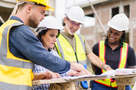 Team of construction contractor talking - discussing about the building plan together at construction site. Diverse ethnicity construction workers working together at construction site.の写真素材