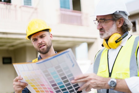 Senior caucasian white ethnicity male client taking with foreman or contractor at construction site...