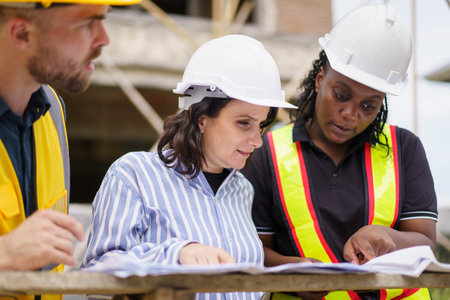 Team of construction contractor talking - discussing about the building plan together at construction site. Diverse ethnicity construction workers working together at construction site.の写真素材