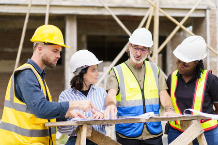 Team of construction contractor talking - discussing about the building plan together at construction site. Diverse ethnicity construction workers working together at construction site.の写真素材