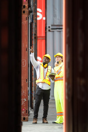 Male customs officers is currently conducting inspections of containers within the container yard. Officer is also conducting a count of inbound and outbound cargo.の写真素材
