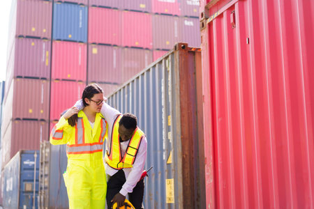 American African black ethnicity worker have an accident while working at the container yard then emergency - rescue medical officer come to rescue him.の写真素材