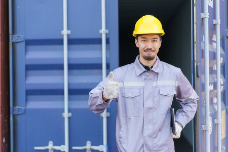 Asian male logistic worker in safety workwear portrait at the container yard. Logistic foreman...
