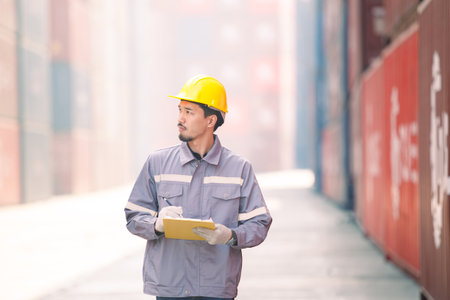Asian male logistic worker in safety workwear portrait at the container yard. Logistic foreman...