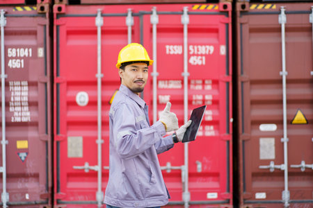Asian male logistic worker in safety workwear portrait at the container yard. Logistic foreman...