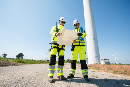 Team of professional electrical engineers in fully safety suit are working and discussing together...