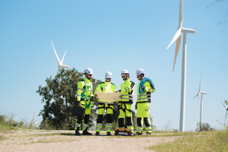 Team of professional electrical engineers in fully safety suit are working and discussing together at the windmill electric generating turbine. Electricians working at the site of windmill turbine.の写真素材