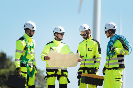 Team of professional electrical engineers in fully safety suit are working and discussing together at the windmill electric generating turbine. Electricians working at the site of windmill turbine.の写真素材