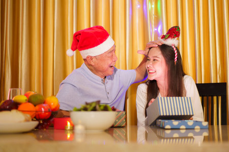 Asian happy family with father and daughter are celebrating the Christmas party together in cozy and warm living room at home. An elderly Asian man is giving his daughter the Christmas present.の写真素材