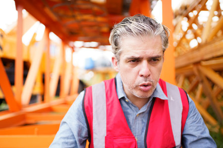 Western white ethnicity worker is resting and drinking water from bottle after working for many hours in a very hot day. Thirsty - tired caucasian foreman or construction worker sitting on the floor.の写真素材