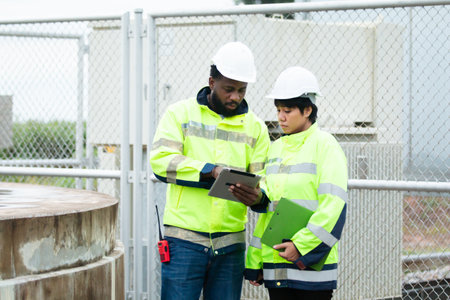Team of electricians engineer are having a conversation and discussion together at electric generator windmill station. Female and male professional engineers are working at electric wind turbine.の写真素材