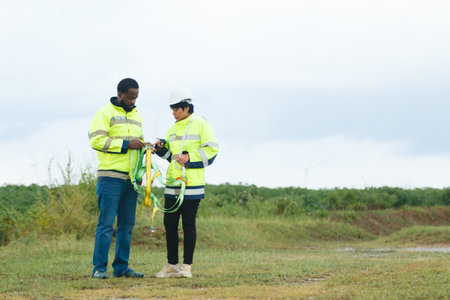 Team of electricians engineer are having a conversation and discussion together at electric generator windmill station. Female and male professional engineers are working at electric wind turbine.の写真素材