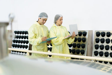 Team of quality control officers or factory engineers are inspecting inside the beverage...