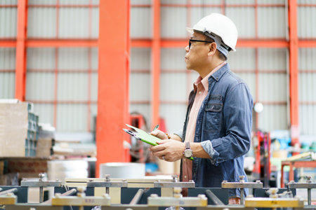 Senior Asian industrial engineer is performing inspection a heavy machines and computer systems in...