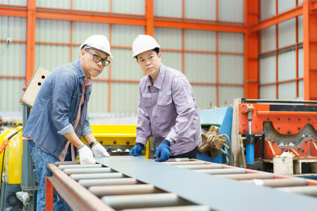Asian specialist technicians or engineers are working in the metal sheet blending factory. Engineers perform inspection at raw metal sheet after rolling out from the blending machine.の写真素材