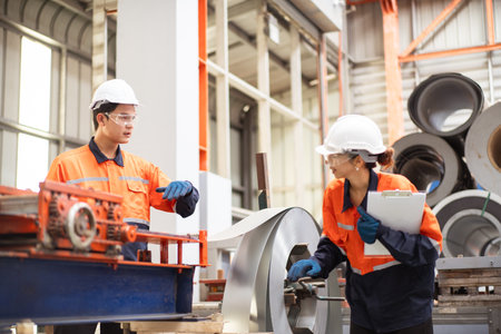 Team of Asian mechanical engineers is having a discussion inside the factory, with the chief...