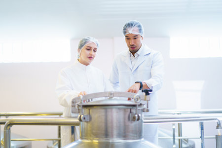 Team of quality control officers or factory engineers are inspecting inside the beverage manufacturing facility. Man and woman engineers working in a food production factory.の写真素材