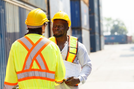 Male customs officers is currently conducting inspections of containers within the container yard....