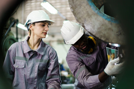 Smart and good looking African Black ethnicity male industry engineer performs inspection machines. Engineer is checking for the properly of machine system and working environment safety in factory.の写真素材