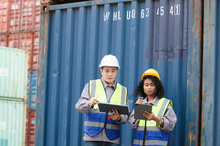 Businesswoman and ship yard engineer are having a discussion about oversea import and export business at container yard. A concept of business and trading across the countries. Global trade concept.の写真素材