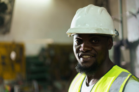 African male industry engineer performs inspection of machines. Engineer is checking the machine...