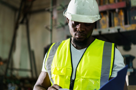 Smart and good looking African Black ethnicity male industry engineer performs inspection machines. Engineer is checking for the properly of machine system and working environment safety in factory.の写真素材