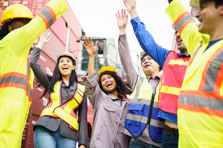 A group of workers or engineers joyfully join hands, symbolizing strong teamwork and success in...