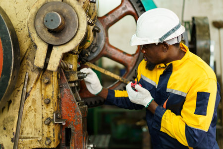 Smart and good looking African Black ethnicity male industry engineer performs inspection machines....