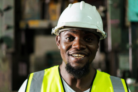 Smart and good looking African Black ethnicity male industry engineer performs inspection machines. Engineer is checking for the properly of machine system and working environment safety in factory.の写真素材