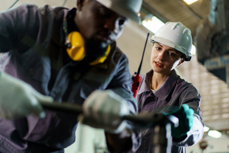 Team of technicians or engineers are inspecting a machines in the factory. Engineers team arrange a...