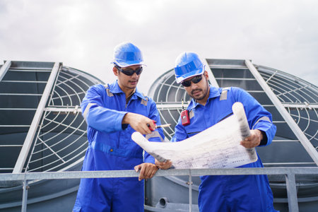 systems engineers inspect a large commercial air conditioning unit installed on a high-rise building, focusing on HVAC maintenance, efficiency, and safety in modern urban infrastructure.の写真素材