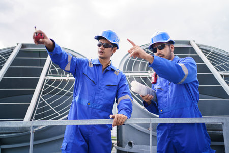 systems engineers inspect a large commercial air conditioning unit installed on a high-rise...