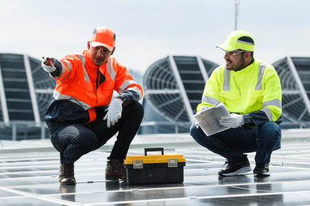 An electrical engineering team installs and wires solar panels on a high-rise rooftop in the city, promoting renewable energy, sustainability, and eco-friendly power solutions for the environment.の写真素材