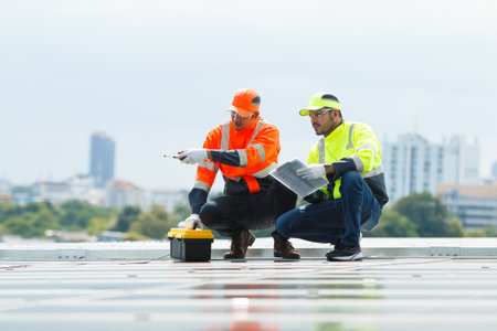 An electrical engineering team installs and wires solar panels on a high-rise rooftop in the city, promoting renewable energy, sustainability, and eco-friendly power solutions for the environment.の写真素材