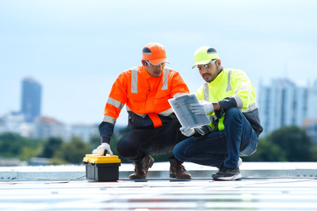 An electrical engineering team installs and wires solar panels on a high-rise rooftop in the city, promoting renewable energy, sustainability, and eco-friendly power solutions for the environment.の写真素材