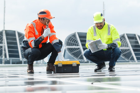 An electrical engineering team installs and wires solar panels on a high-rise rooftop in the city, promoting renewable energy, sustainability, and eco-friendly power solutions for the environment.の写真素材