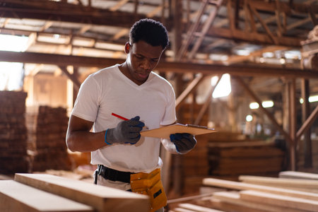African carpenter works in a woodworking shop, using a tape measuring and pencil to mark on a wood plank. This moment highlights craftsmanship, attention to detail, and professional woodworking skills.の写真素材