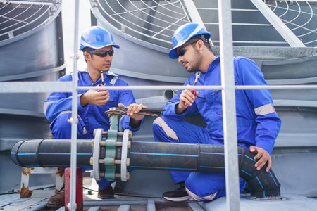 systems engineers inspect a large commercial air conditioning unit installed on a high-rise...