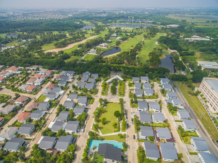 aerial view of home village in bangkok thailandの写真素材
